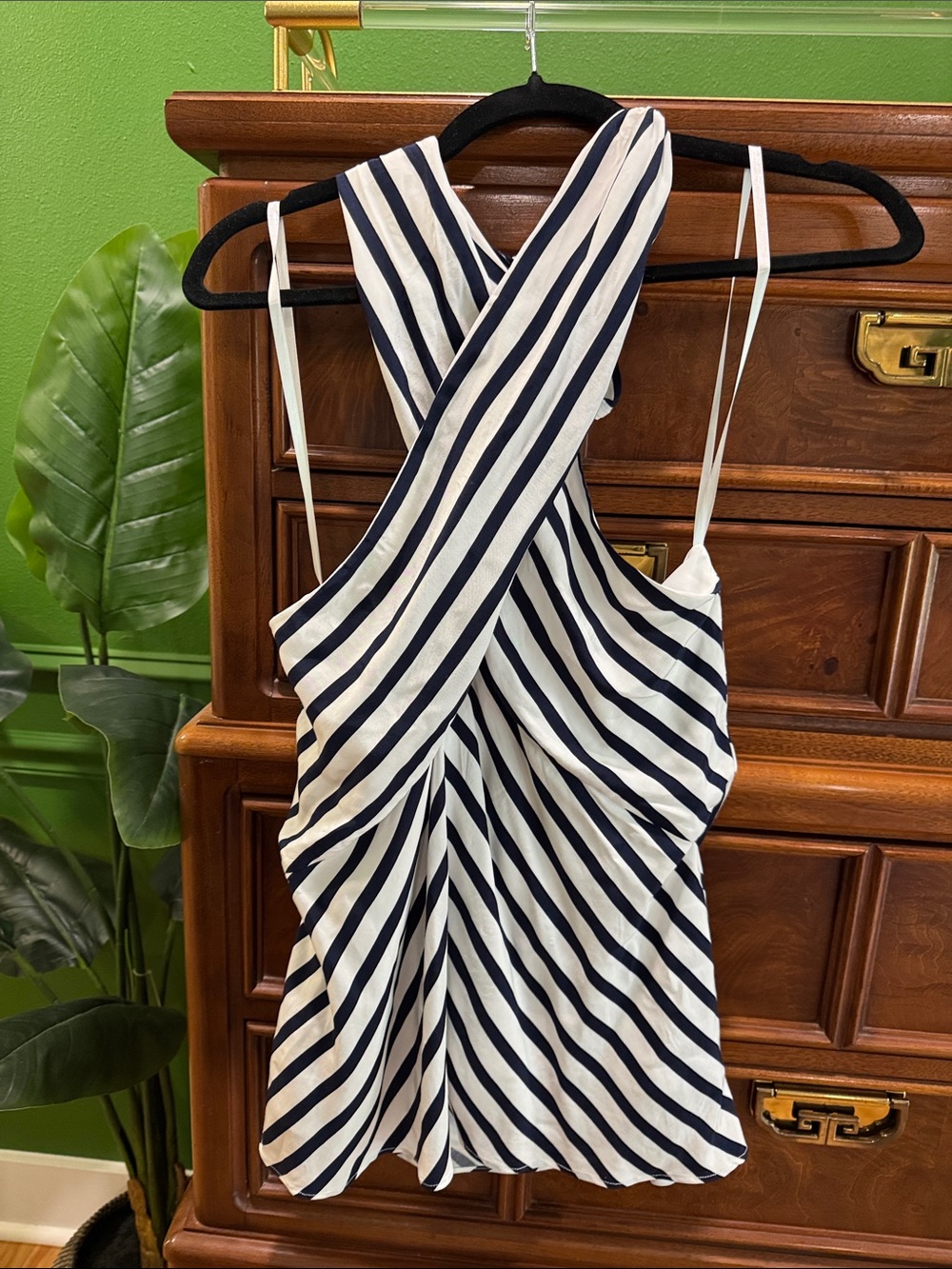 STAUD Navy and White Striped Cross front Tank
